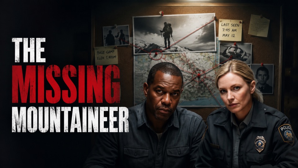 Investigators and a mountain disappearance evidence board
